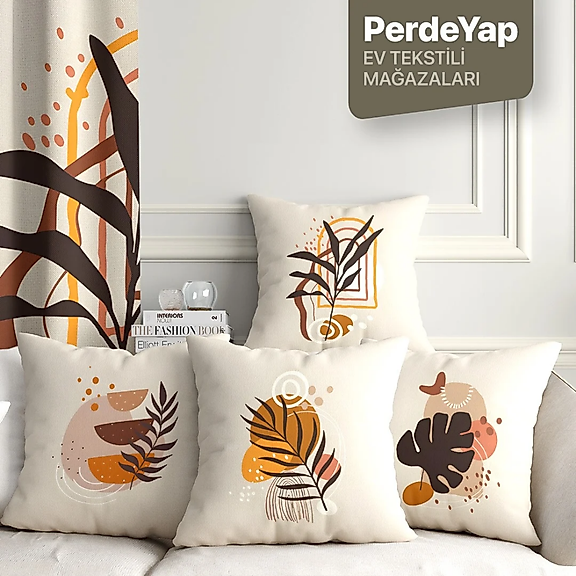 Bohem Duvar Tabloları Yapraklar Desenli 4lü Dijital Baskılı Kırlent Kılıfı 43 x 43 Cm Krem 044