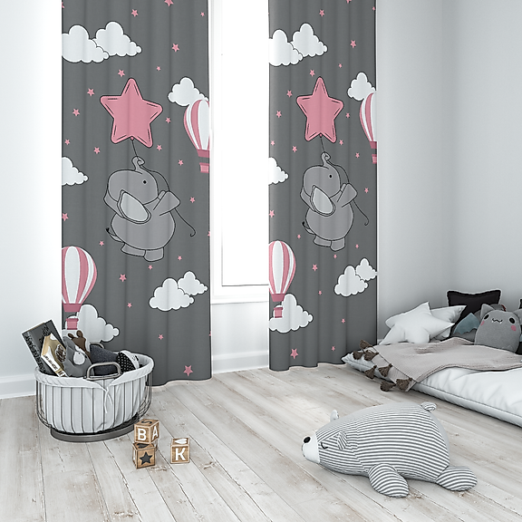 Minibabyrooms Pembe Yıldızlı Fil Temalı Fon Perde