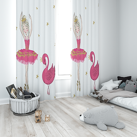 Minibabyrooms Pembe Balerin Kız ve Kuğu Desenli Fon Perde