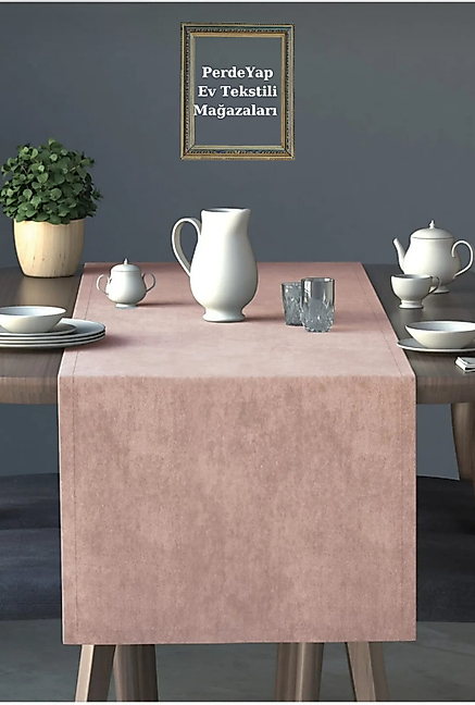 PerdeYap Kadife Dokulu Pudra Renk Ada Serisi Runner 40 x 140 cm