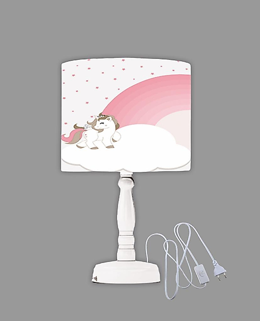 Minibabyrooms Pembe Unicorn ve Gökkuşağı Desenli Ahşap Oyma Ayak Abajur