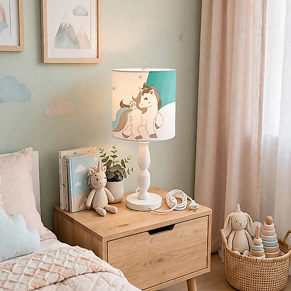 Minibabyrooms Yeşil Unicorn ve Gökkuşağı Desenli Ahşap Oyma Ayak Abajur