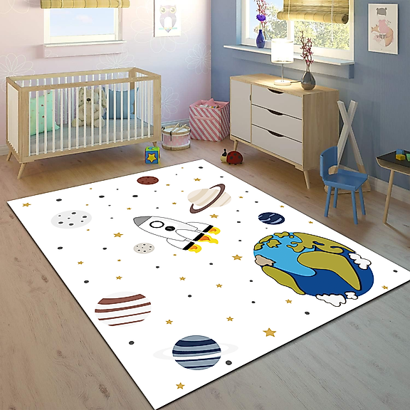 Minibabyrooms Uzay ve Gezegenler Temalı 8 mm kalınlıkta dokuma taban çocuk halısı