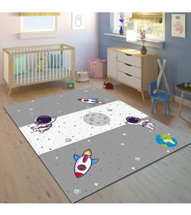 Minibabyrooms Gri Beyaz Uzay Temalı Desenli 8 mm Kalınlıkta Çocuk Odası Halısı