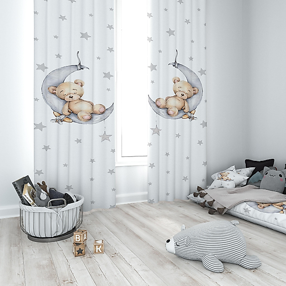 Minibabyrooms Ayda Uyuyan Ayıcık Beyaz Zemin Temalı Fon Perde