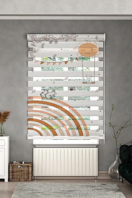 Minibabyrooms Tavşan ve Salıncakta Kedi Desenli Zebra Perde