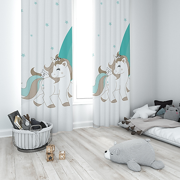 Minibabyrooms Yeşil Unicorn ve Gökkuşağı Temalı Fon Perde