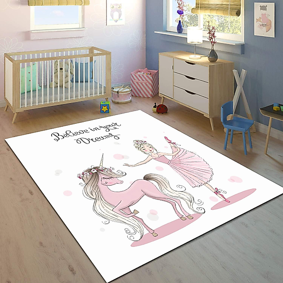 Minibabyrooms Unicorn ve Balerin Desenli 8 mm Kalınlıkta Çocuk Odası Halısı