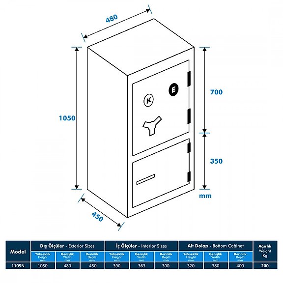 Model 1105N-KE Ofis Tipi Çelik Kasa