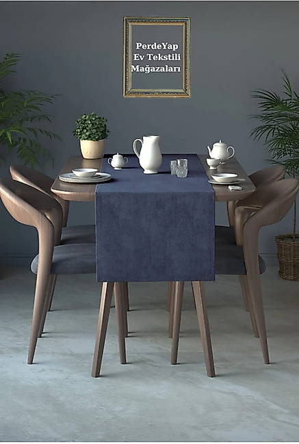 PerdeYap Kadife Dokulu Koyu Lacivert Renk Ada Serisi Runner 40 x 140 cm