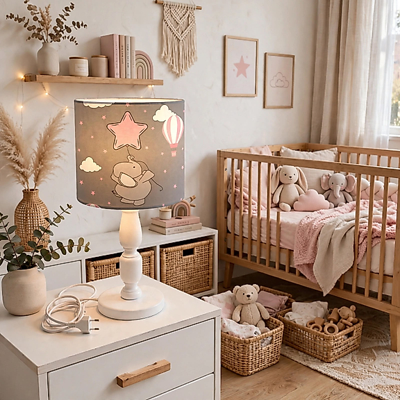 Minibabyrooms Pembe Yıldızlı Fil Desenli Ahşap Oyma Ayak Abajur