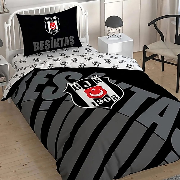 Taç Lisanslı Tek Kişilik Nevresim Takımı Beşiktaş Siyah