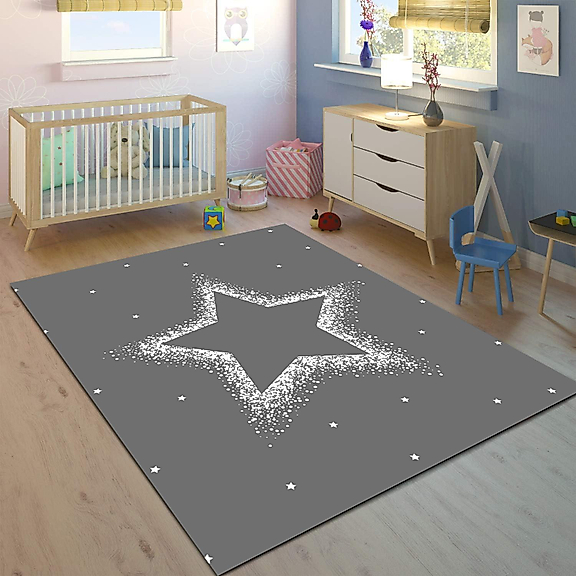 Minibabyrooms Gri Parlak Yıldız Desenli 8 mm Kalınlıkta Çocuk Odası Halısı