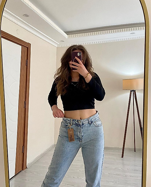 Yüksek Bel Buz Mavi Mom Jeans