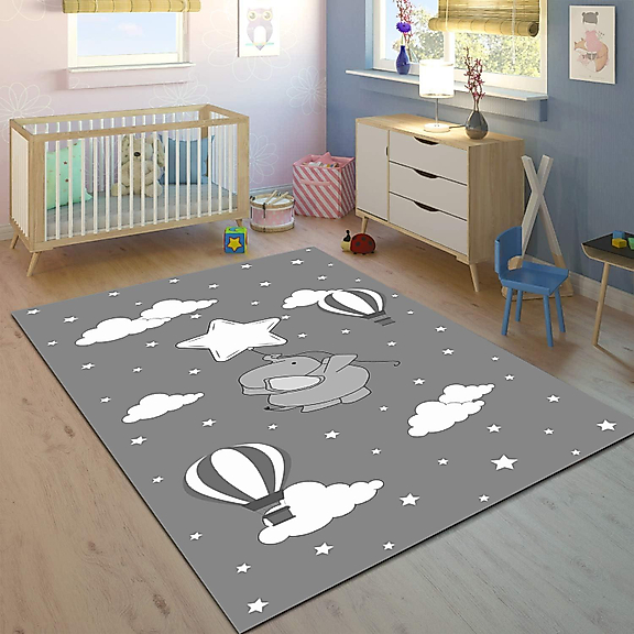 Minibabyrooms Beyaz Yıldızlı Fil Desenli 8 mm Kalınlıkta Çocuk Odası Halısı