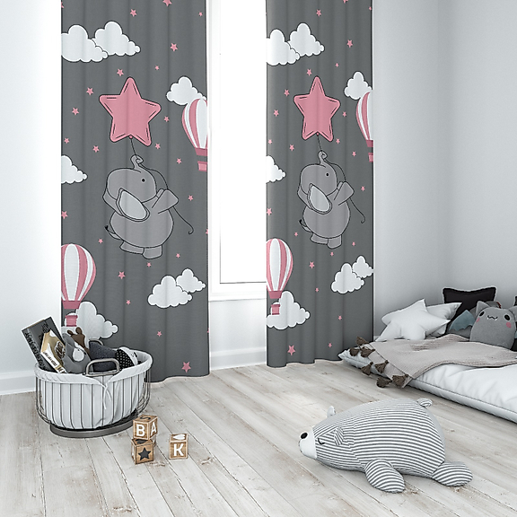 Minibabyrooms Pembe Yıldızlı Fil Temalı Fon Perde