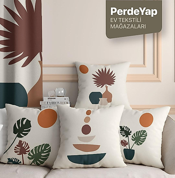 Renkli Tropikal Vazo ve Yaprak Desenli 4'lü Dijital Baskılı Kırlent Kılıfı 43 x 43 Cm Bej 068