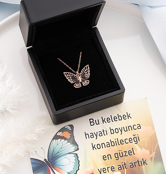 925 Ayar Gümüs Rose Kelebek Kolye