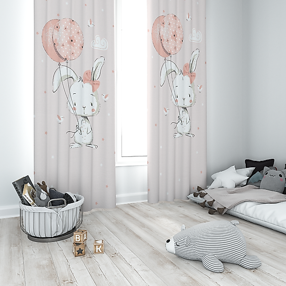 Minibabyrooms Balonlu Tavşan Desenli Fon Perde