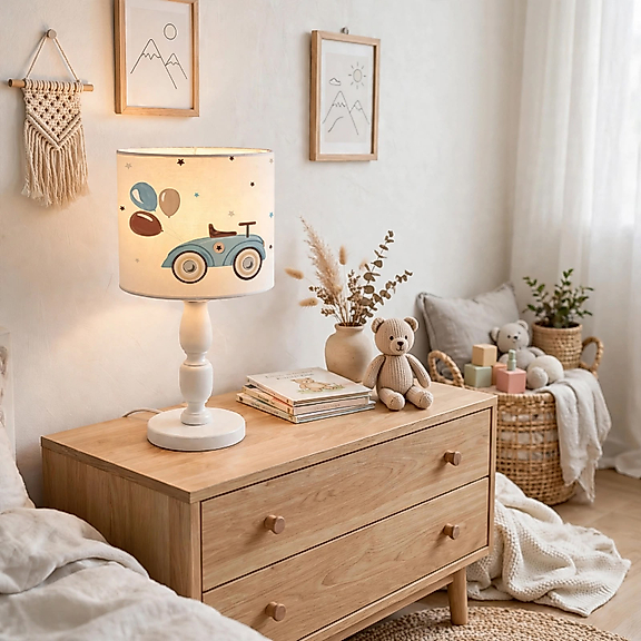 Minibabyrooms Klasik Araba ve Bolonlar Desenli Ahşap Oyma Ayak Abajur