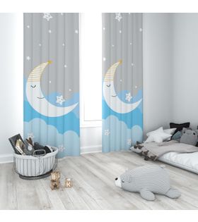Minibabyrooms Mavi Ay ve Yıldızlar Desenli Fon Perde