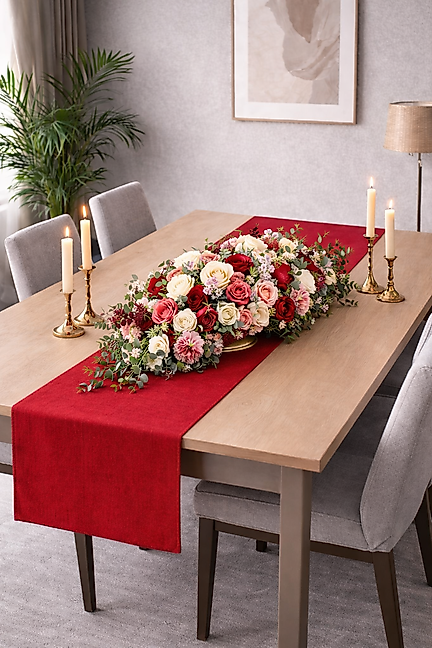 PerdeYap Kadife Dokulu Kırmızı Renk Ada Serisi Runner 40 x 140 cm
