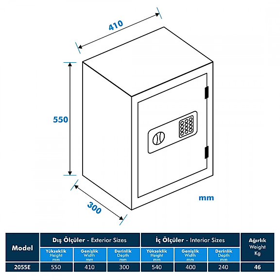 Model 2055-E Kadifeli Elektronik Ev ve Ofis Kasa