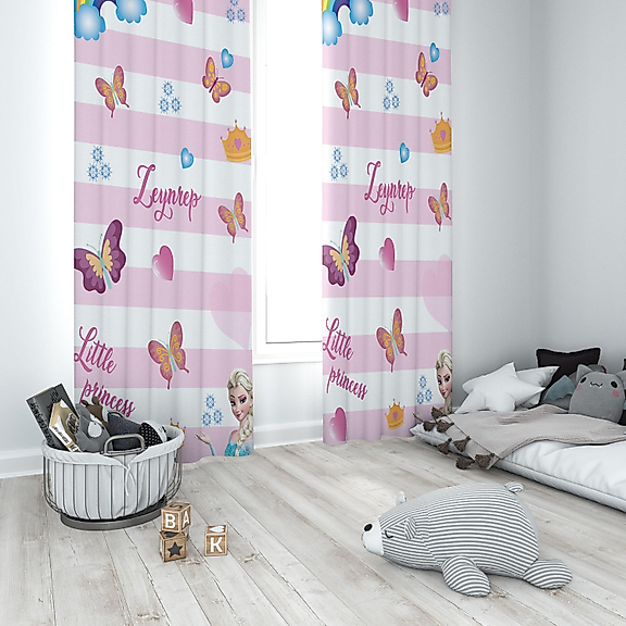 Minibabyrooms Pembe Beyaz Şeritli Elsa ve Seksek Temalı Fon Perde