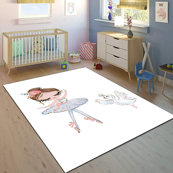 Minibabyrooms Prenses ve Kuğu Desenli 8 mm Kalınlıkta Çocuk Odası Halısı