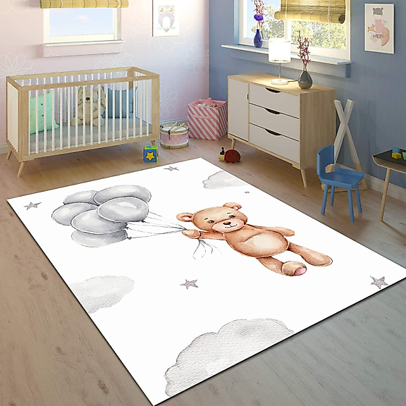 Minibabyrooms Balonlu Ayıcık Desenli 8 mm Kalınlıkta Çocuk Odası Halısı