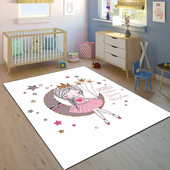 Minibabyrooms Ayda Oturan Kız Desenli 8 mm Kalınlıkta Çocuk Odası Halısı