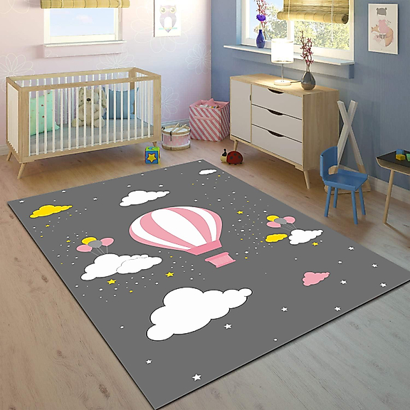 Minibabyrooms Pembe Uçan Balon Desenli 8 mm Kalınlıkta Çocuk Odası Halısı