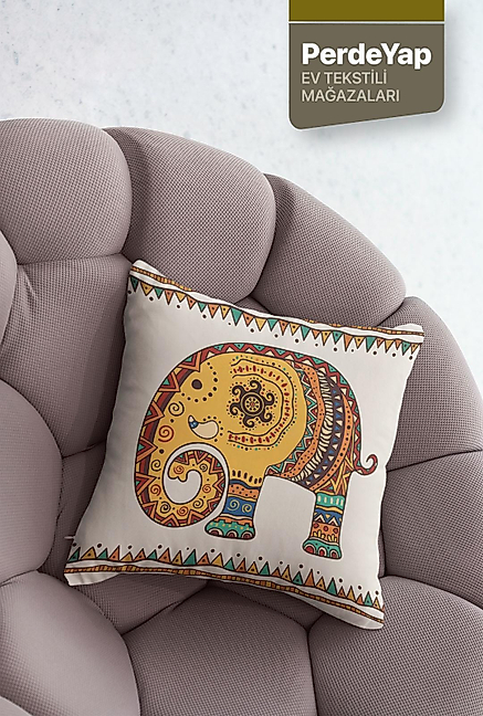 Krem Zemin Üzerine Etnik Hint İşlemeli Fil Desenli 4lü Dijital Baskılı Kırlent Yastık Kılıfı 43x43 Cm 060