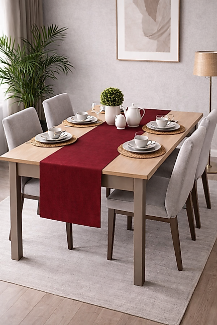 PerdeYap Kadife Dokulu Bordo Renk Ada Serisi Runner 40 x 140 cm