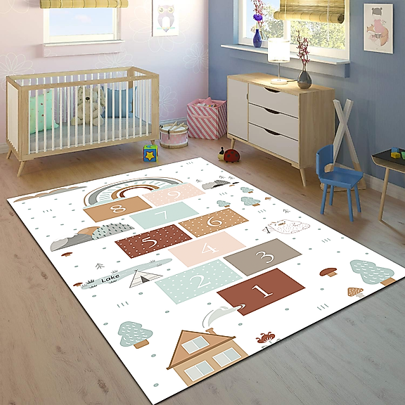 Minibabyrooms Seksek ve Gökkuşağı Desenli 8 mm Kalınlıkta Çocuk Odası Halısı