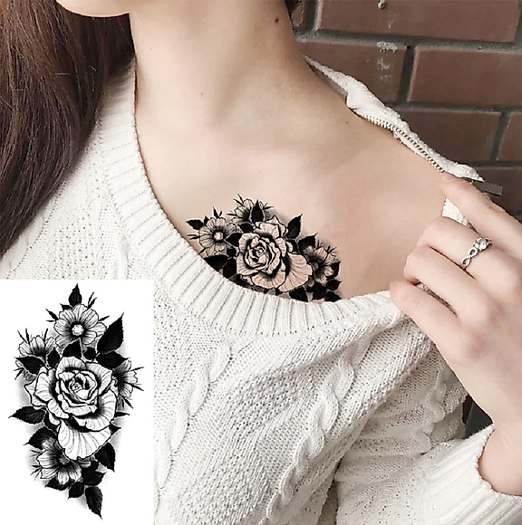 Siyah Gül Dövmesi Ense, Göğüs, Bilek, Kol, Bacak, Boyun, Sırt Geçici Dövme, Tattoo
