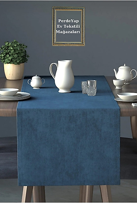 PerdeYap Kadife Dokulu Açık İndigo Renk Ada Serisi Runner 40 x 140 cm