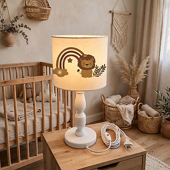 Minibabyrooms Aslan ve Gökkuşağı Desenli Ahşap Oyma Ayak Abajur