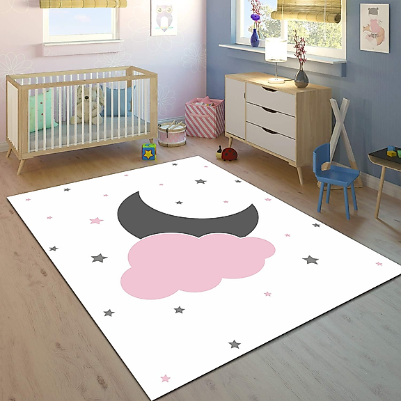 Minibabyrooms Ay Yıldız Bulut Desenli 8 mm Kalınlıkta Çocuk Odası Halısı