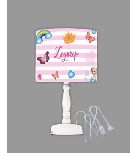 Minibabyrooms Pembe Beyaz Şeritli Elsa ve Seksek Desenli Ahşap Oyma Ayak Abajur