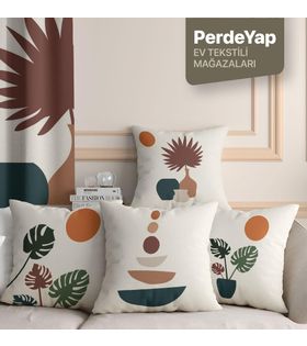 Renkli Tropikal Vazo ve Yaprak Desenli 4'lü Dijital Baskılı Kırlent Kılıfı 43 x 43 Cm Bej 068
