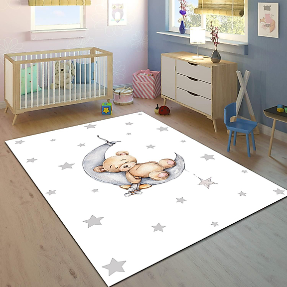 Minibabyrooms Ayda Uyuyan Ayıcık Beyaz Zemin Desenli 8 mm Kalınlıkta Çocuk Odası Halısı