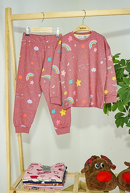 11204 Gökkuşağı Desen Kız Çocuk Pijama Takımı