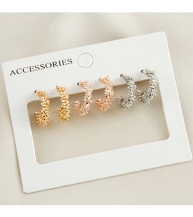 3 Çift Gold, Rose, Gümüş Yıldız Tozu Küpe Seti