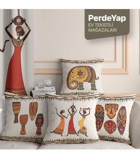 Afrika Sanatı Motifleri Desenli 4lü Dijital Baskılı Dekoratif Kırlent Kılıfı 43 X 43 Cm Bej 050