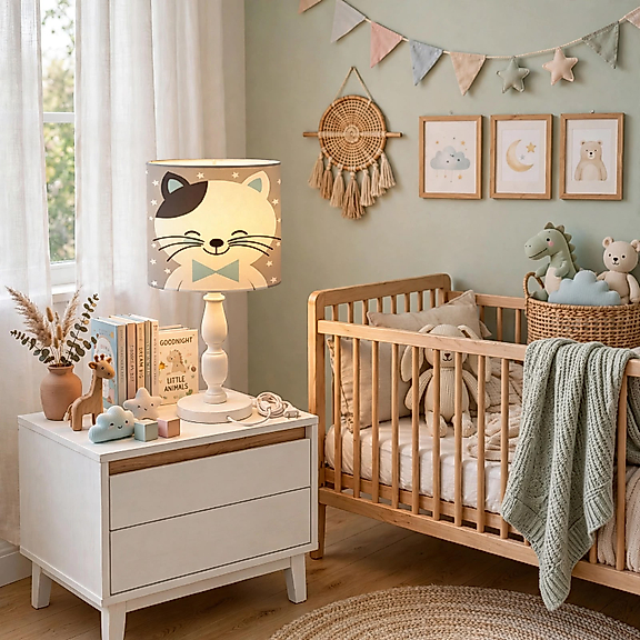 Minibabyrooms Kedicik Desenli Ahşap Oyma Ayak Abajur