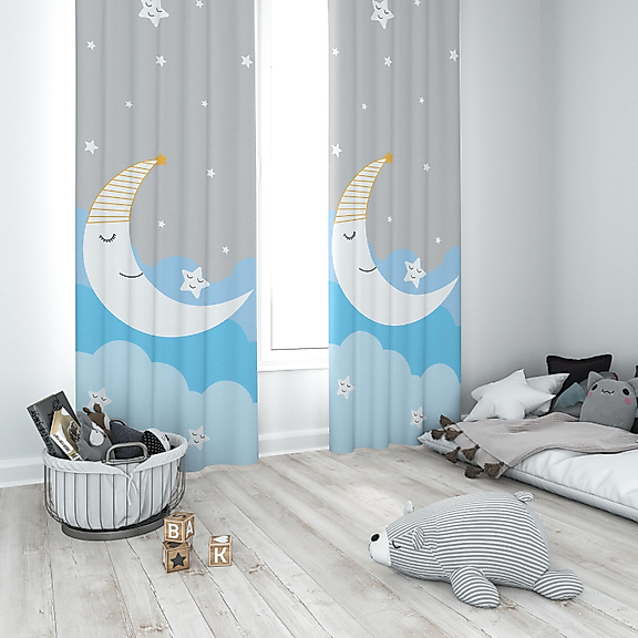 Minibabyrooms Mavi Ay ve Yıldızlar Desenli Fon Perde