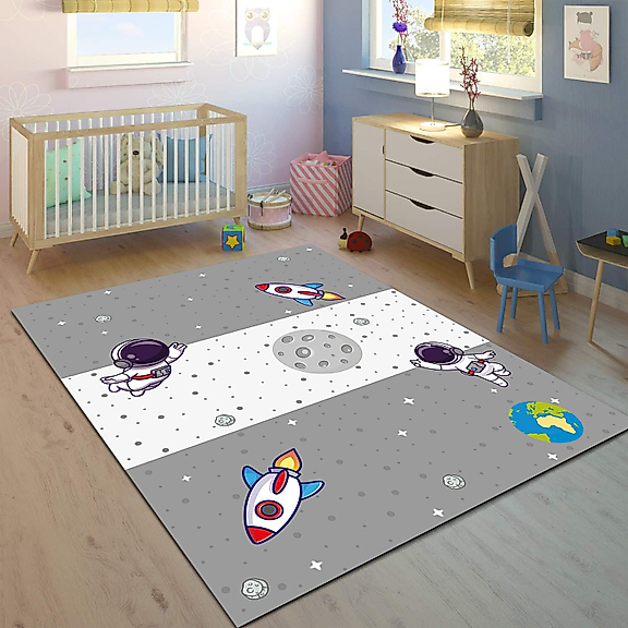 Minibabyrooms Gri Beyaz Uzay Temalı Desenli 8 mm Kalınlıkta Çocuk Odası Halısı