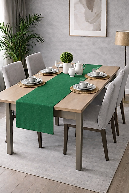 PerdeYap Kadife Dokulu Koyu Yeşil Renk Ada Serisi Runner 40 x 140 cm