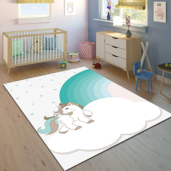 Minibabyrooms Yeşil Unicorn ve Gökkuşağı Desenli 8 mm Kalınlıkta Çocuk Odası Halısı